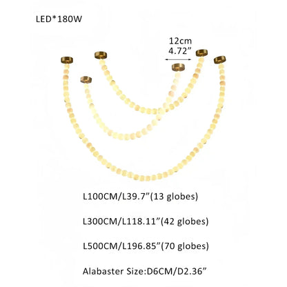 Modern LED Natural Alabaster Globes Beads Hanging Chandelier Indoor Lighting Fixture-Modern Pendant lamp-everlamps-125 globes-L100+L300+L500CM/L40"+L118"+L197"-Warm Light (3000K)-Brass + White-everlamps