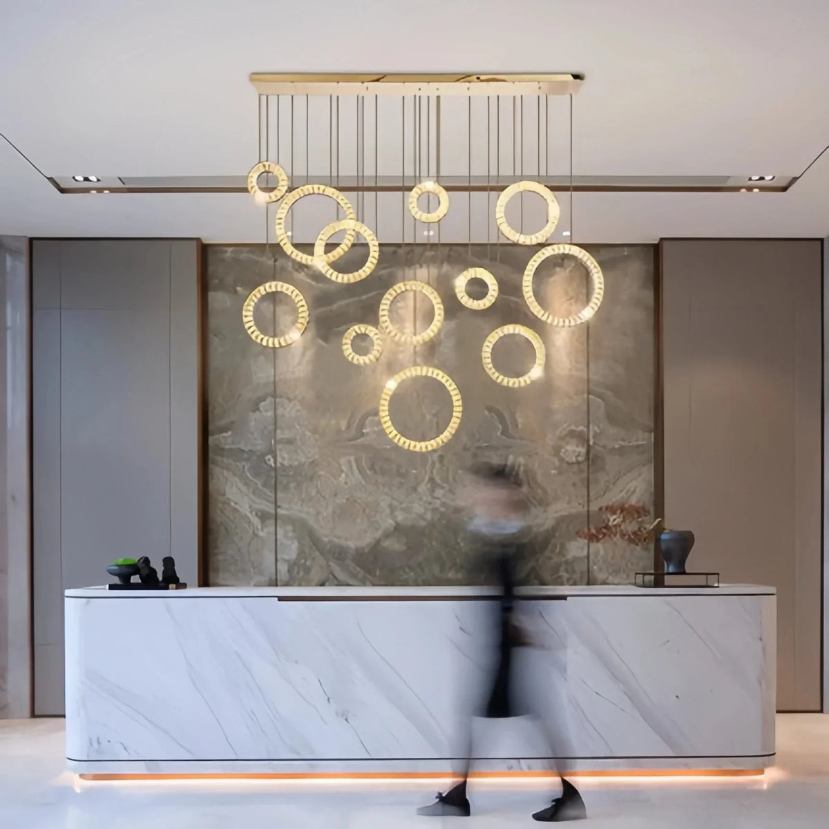 Modern Multi Gold Donuts Shape Crystal Chandelier Ring Round Light Fixture for Foyer Staircase - Linear/ D 63" * H 98.4"GoldDimmable Warm Lighteverlamps
