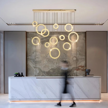 Modern Multi Gold Donuts Shape Crystal Chandelier Ring Round Light Fixture for Foyer Staircase - Linear/ D 63" * H 98.4"GoldDimmable Warm Lighteverlamps