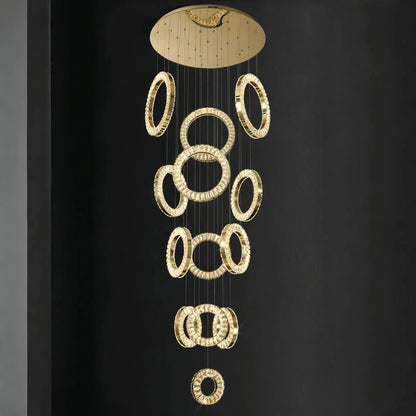 Modern Multi Gold Donuts Shape Crystal Chandelier Ring Round Light Fixture for Foyer Staircase - Round/ D 31.5" * H 118.1"GoldWarm Lighteverlamps