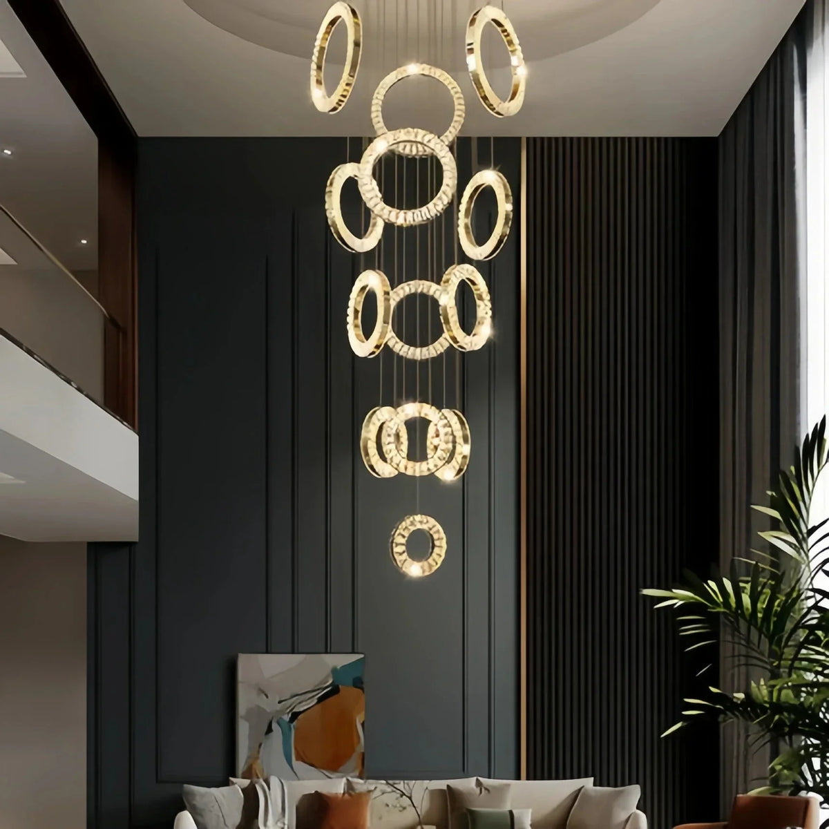 Modern Multi Gold Donuts Shape Crystal Chandelier Ring Round Light Fixture for Foyer Staircase - Linear/ D 63" * H 98.4"ChromeWarm Lighteverlamps