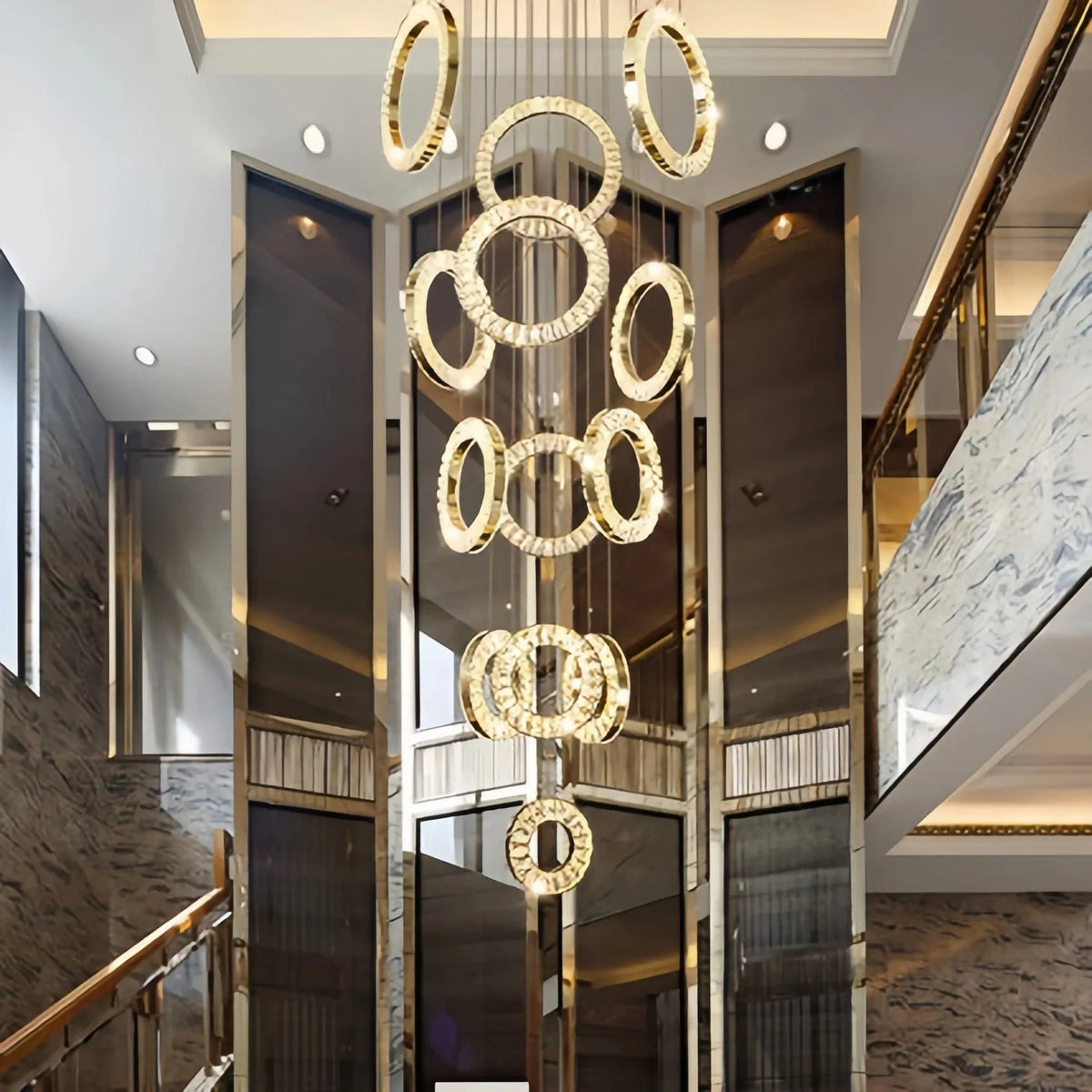 Modern Multi Gold Donuts Shape Crystal Chandelier Ring Round Light Fixture for Foyer Staircase - Round/ D 31.5" * H 118.1"GoldDimmable White Lighteverlamps