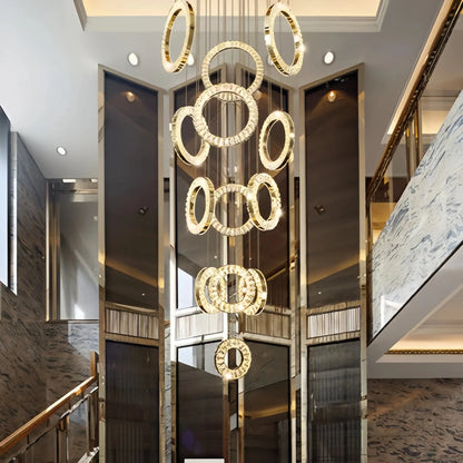 Modern Multi Gold Donuts Shape Crystal Chandelier Ring Round Light Fixture for Foyer Staircase - Round/ D 31.5" * H 118.1"GoldDimmable White Lighteverlamps