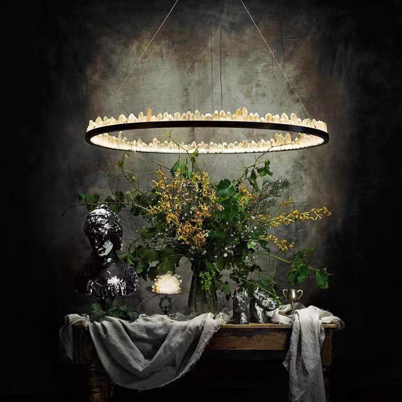 Modern Style Rings Brass & Natural Quartz Crystal Chandelier in Brass/Black Finish - 1 Tier / D23.6" * H4"BrassWarm Lighteverlamps