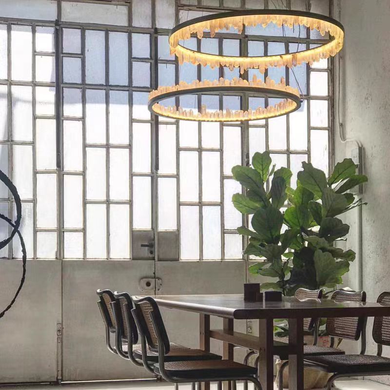 Modern Style Rings Brass & Natural Quartz Crystal Chandelier in Brass/Black Finish - 1 Tier / D23.6" * H4"BrassWarm Lighteverlamps