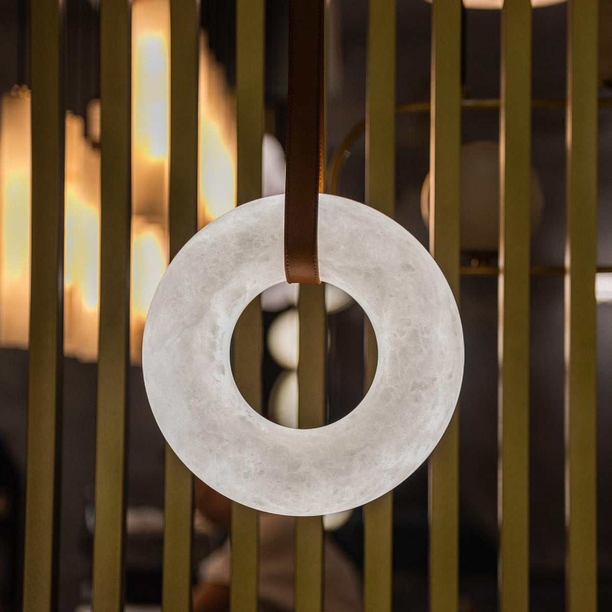 Oslo Pendant Alabaster Chandelier, Halo Ring Chandelier With Leather - 19.7" D Single Ringeverlamps