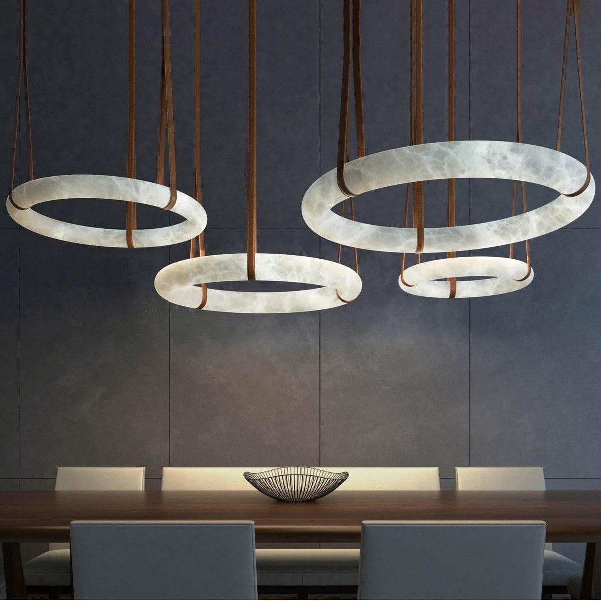 Oslo Pendant Alabaster Chandelier, Halo Ring Chandelier With Leather - 23.6" D Single Ringeverlamps