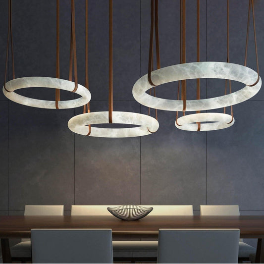 Oslo Pendant Alabaster Chandelier, Halo Ring Chandelier With Leather - 23.6" D Single Ringeverlamps