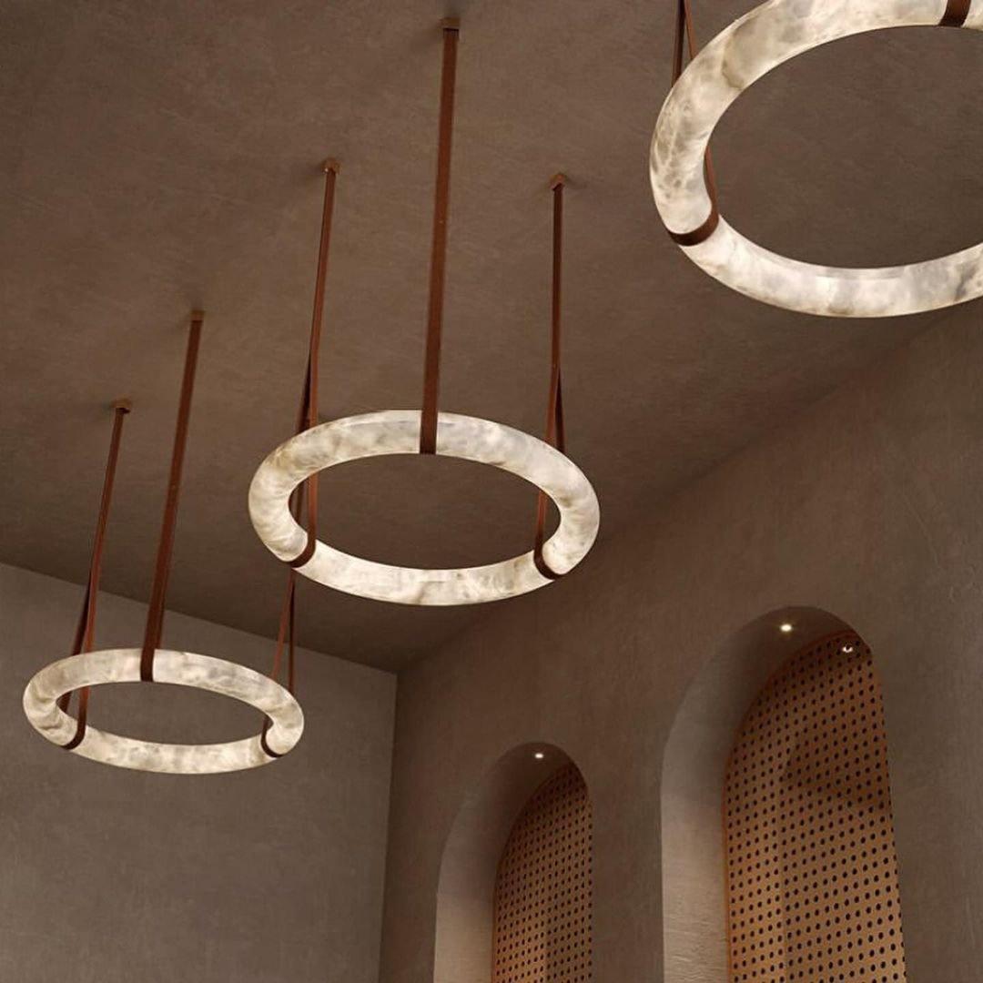 Oslo Pendant Alabaster Chandelier, Halo Ring Chandelier With Leather - 23.6" D Single Ringeverlamps
