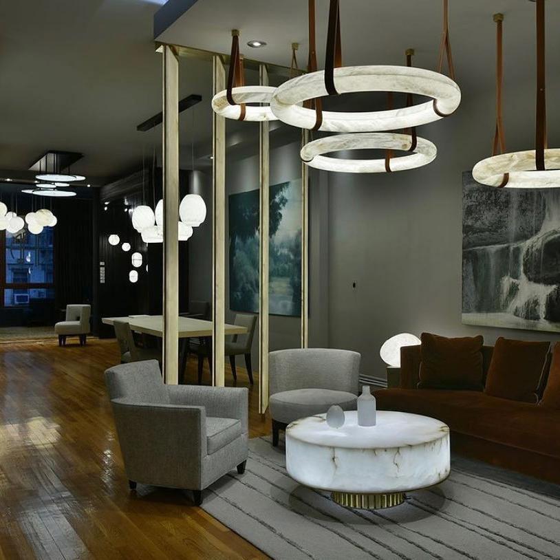 Oslo Pendant Alabaster Chandelier, Halo Ring Chandelier With Leather - 19.7" D Single Ringeverlamps