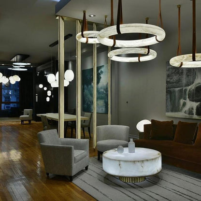 Oslo Pendant Alabaster Chandelier, Halo Ring Chandelier With Leather - 19.7" D Single Ringeverlamps