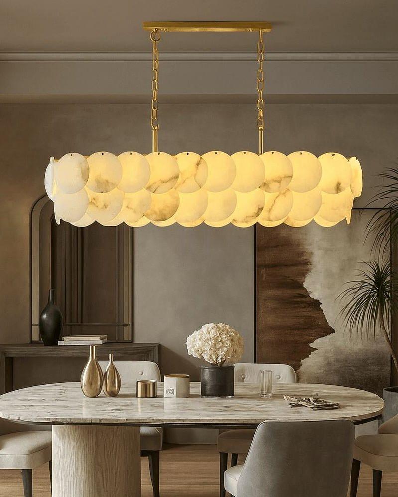 Rectangular Alabaster Chandelier Dia 100/120 with Round Shell Piece String Ceiling for Dining room - L100*W30*H40CM/L39.37*W11.81*H15.75"White + Brasseverlamps