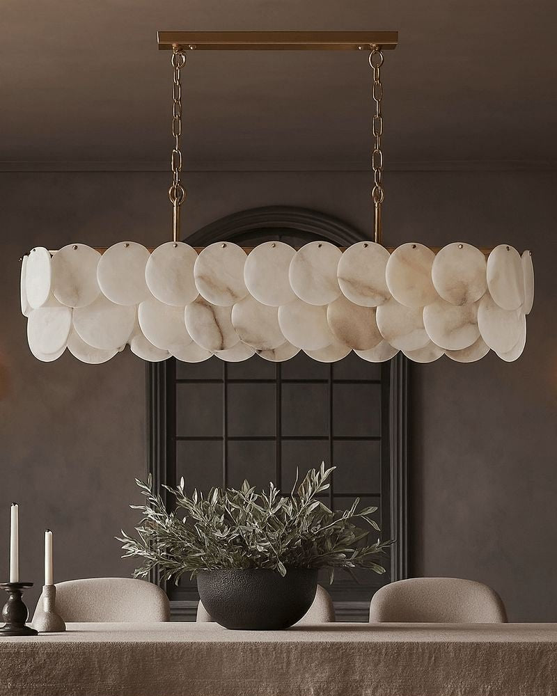Rectangular Alabaster Chandelier Dia 100/120 with Round Shell Piece String Ceiling for Dining room - L100*W30*H40CM/L39.37*W11.81*H15.75"White + Brasseverlamps