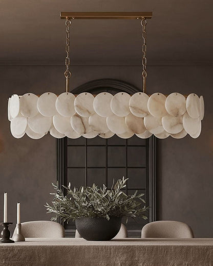 Rectangular Alabaster Chandelier Dia 100/120 with Round Shell Piece String Ceiling for Dining room - L100*W30*H40CM/L39.37*W11.81*H15.75"White + Brasseverlamps