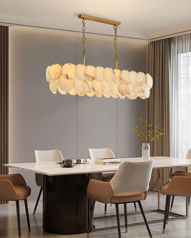 Rectangular Alabaster Chandelier Dia 100/120 with Round Shell Piece String Ceiling for Dining room - L100*W30*H40CM/L39.37*W11.81*H15.75"White + Brasseverlamps