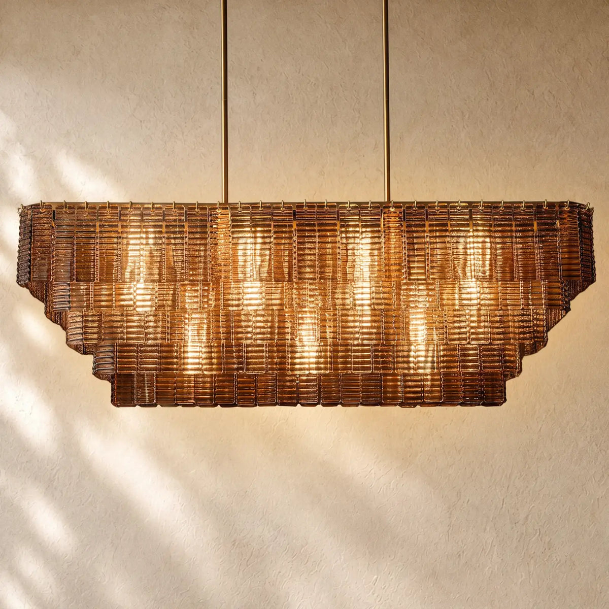 Sirena Glass Rectangular Chandelier - 59’’ / Lacquered Burnished Brass / Smoke
