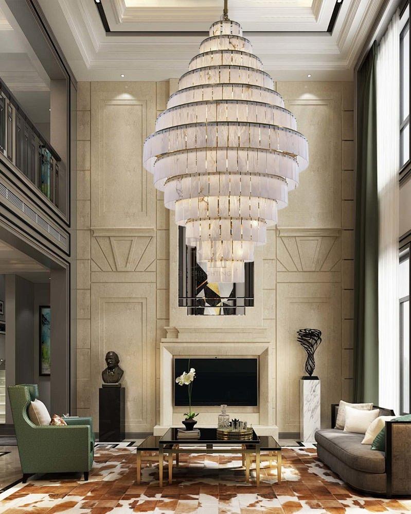 Stairwell Luxury Modern LED High Ceiling Large Alabaster Chandelier - 14 - light - L60*H45CM/L23.62"*H17.72"Warm lightWhite + Brasseverlamps