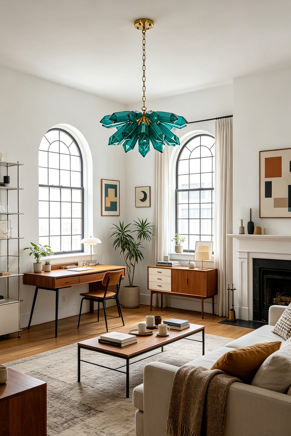 Statement teal glass prism chandelier | Metal | Glass | Bright living room scene with arched windows and neutral furniture | vexa lamps