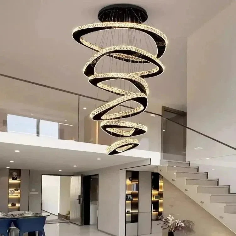 Twisted Ring Led Light Chandelier for High Ceiling - BlackWarm Light 3000Keverlamps