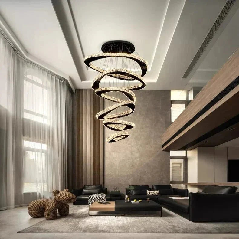 Twisted Ring Led Light Chandelier for High Ceiling - BlackWarm Light 3000Keverlamps