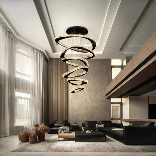 Twisted Ring Led Light Chandelier for High Ceiling - BlackWarm Light 3000Keverlamps