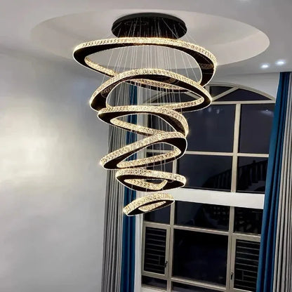 Twisted Ring Led Light Chandelier for High Ceiling - BlackWarm Light 3000Keverlamps